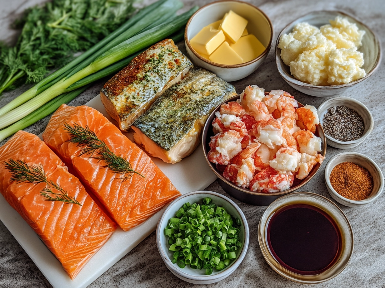 Raw ingredients arranged for Crab And Shrimp Stuffed Salmon on marble surface