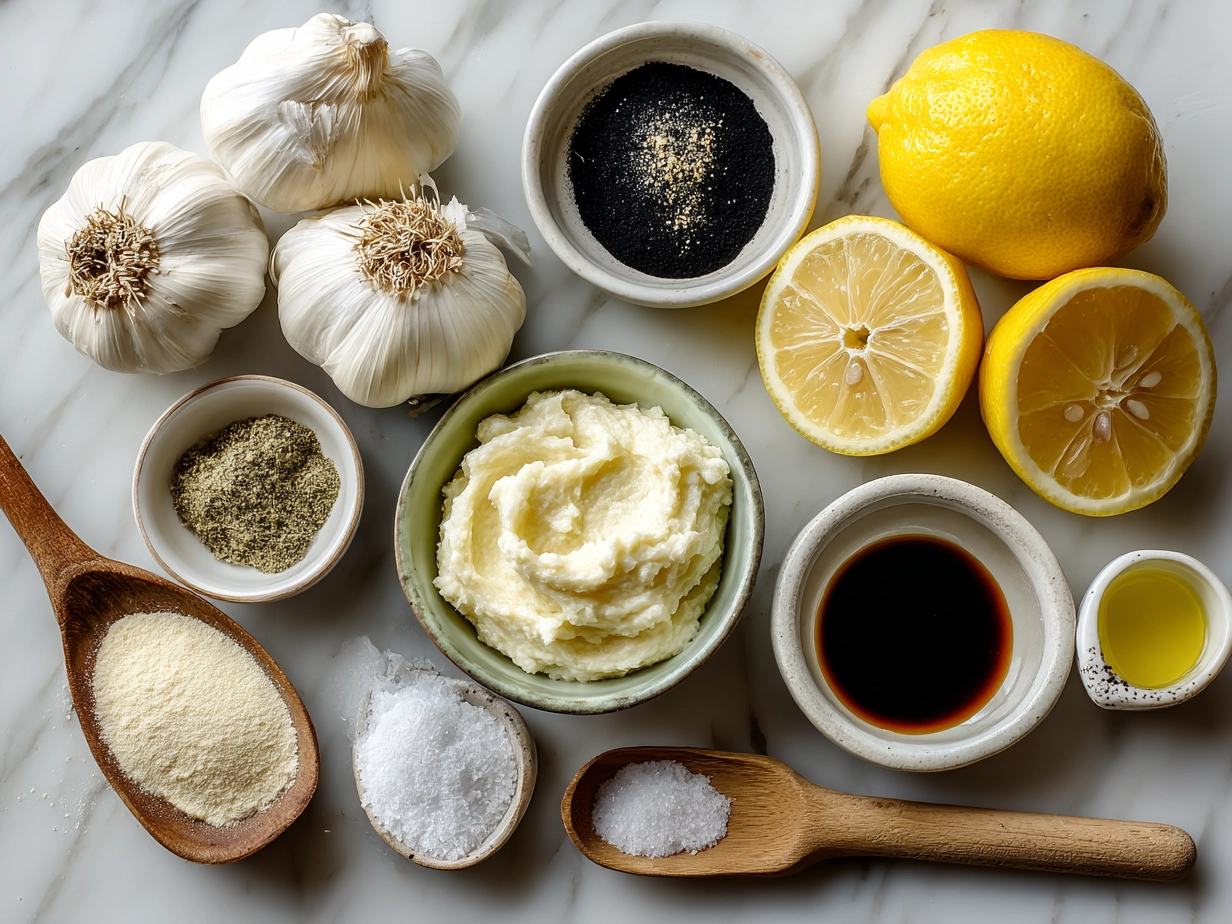 Ingredients for Creamy Roast Garlic and Lemon Pasta Sauce neatly arranged on a marble surface