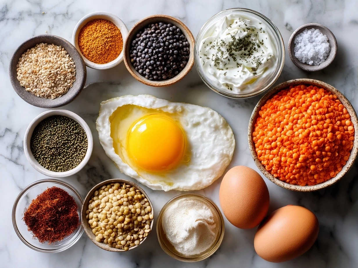Ingredients laid out for Eggcentric lentils with poached egg and yogurt including lentils, yogurt, eggs, spices, and lemon