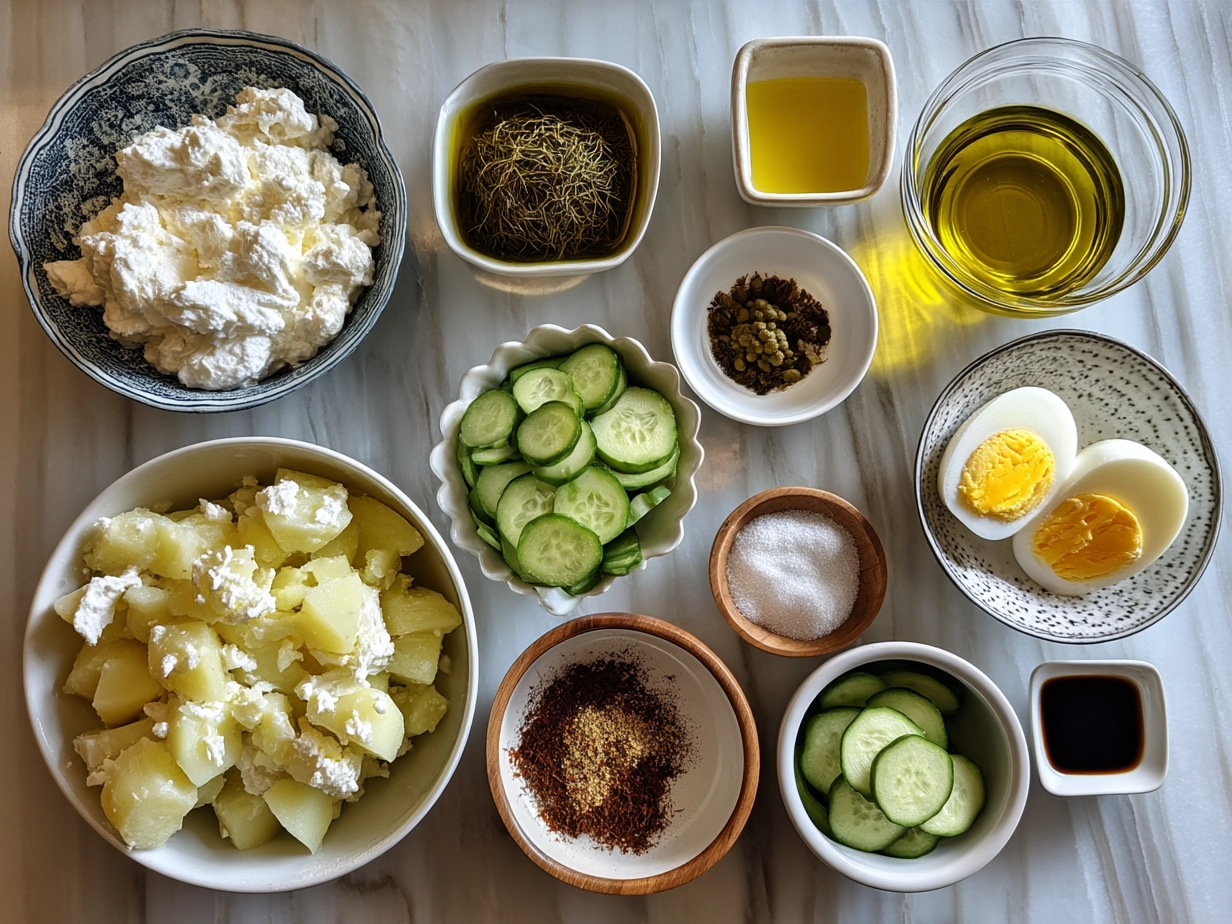 Ingredients for Greek Yogurt Potato Salad with Cucumbers laid out on marble surface