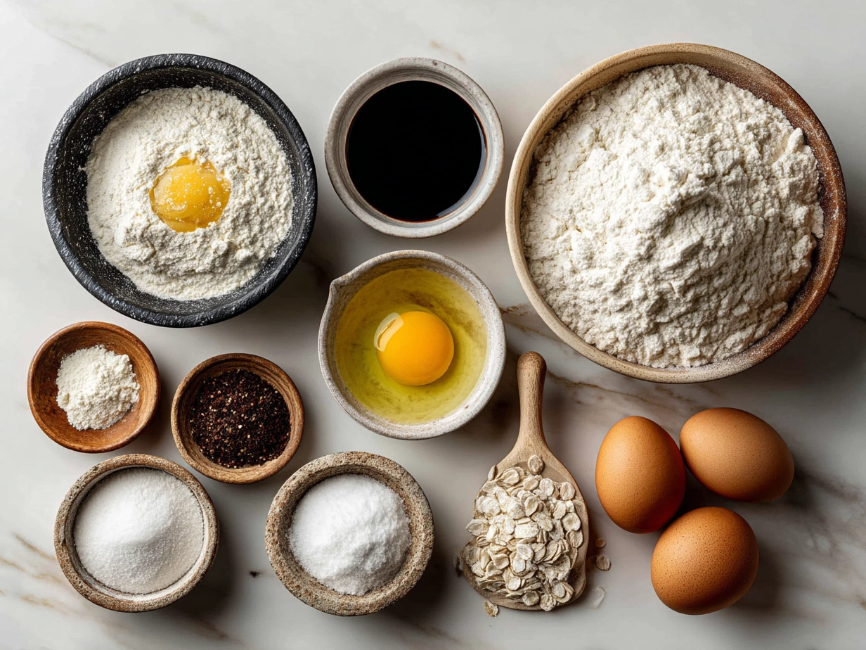 Raw ingredients for Homemade Italian Bread on a marble surface