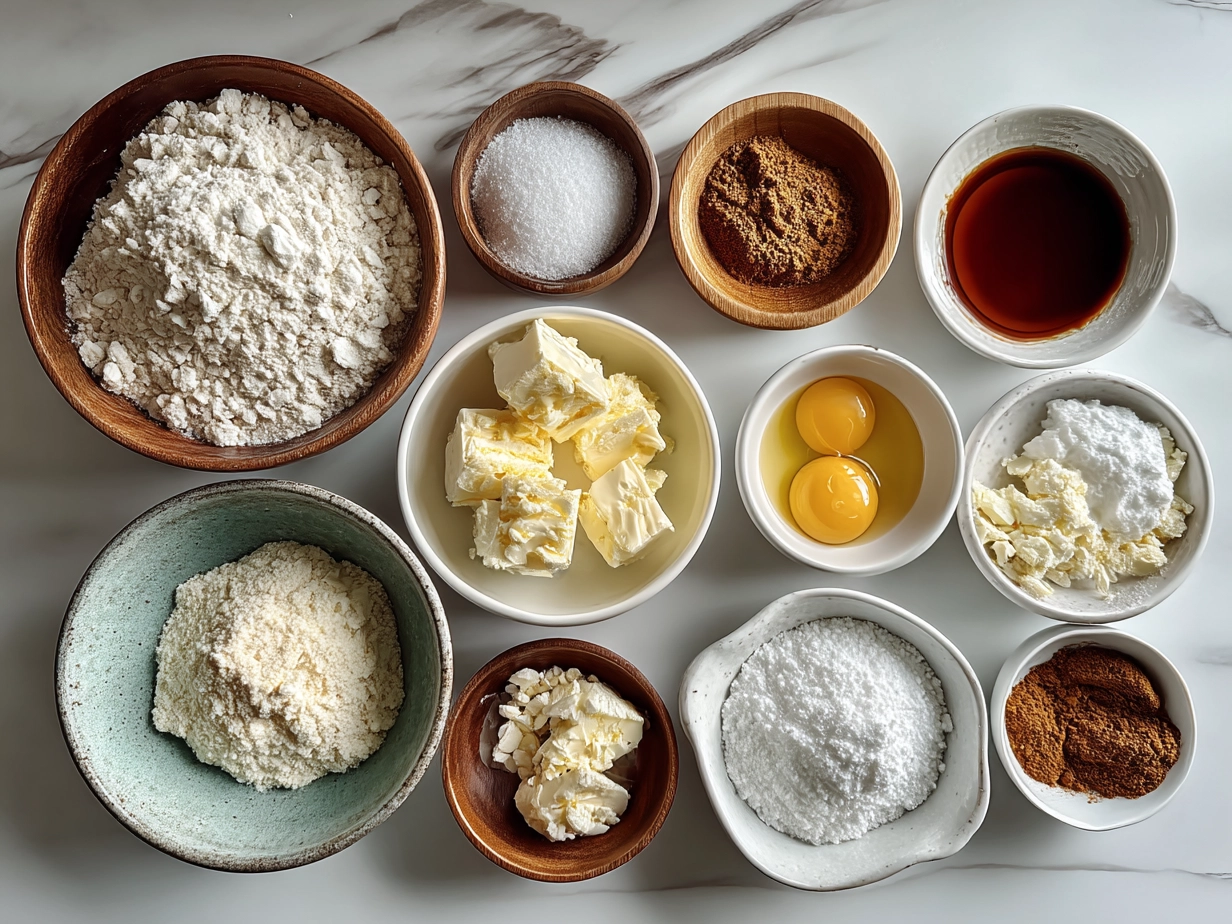 Ingredients for King Cake Bites laid out on a kitchen surface