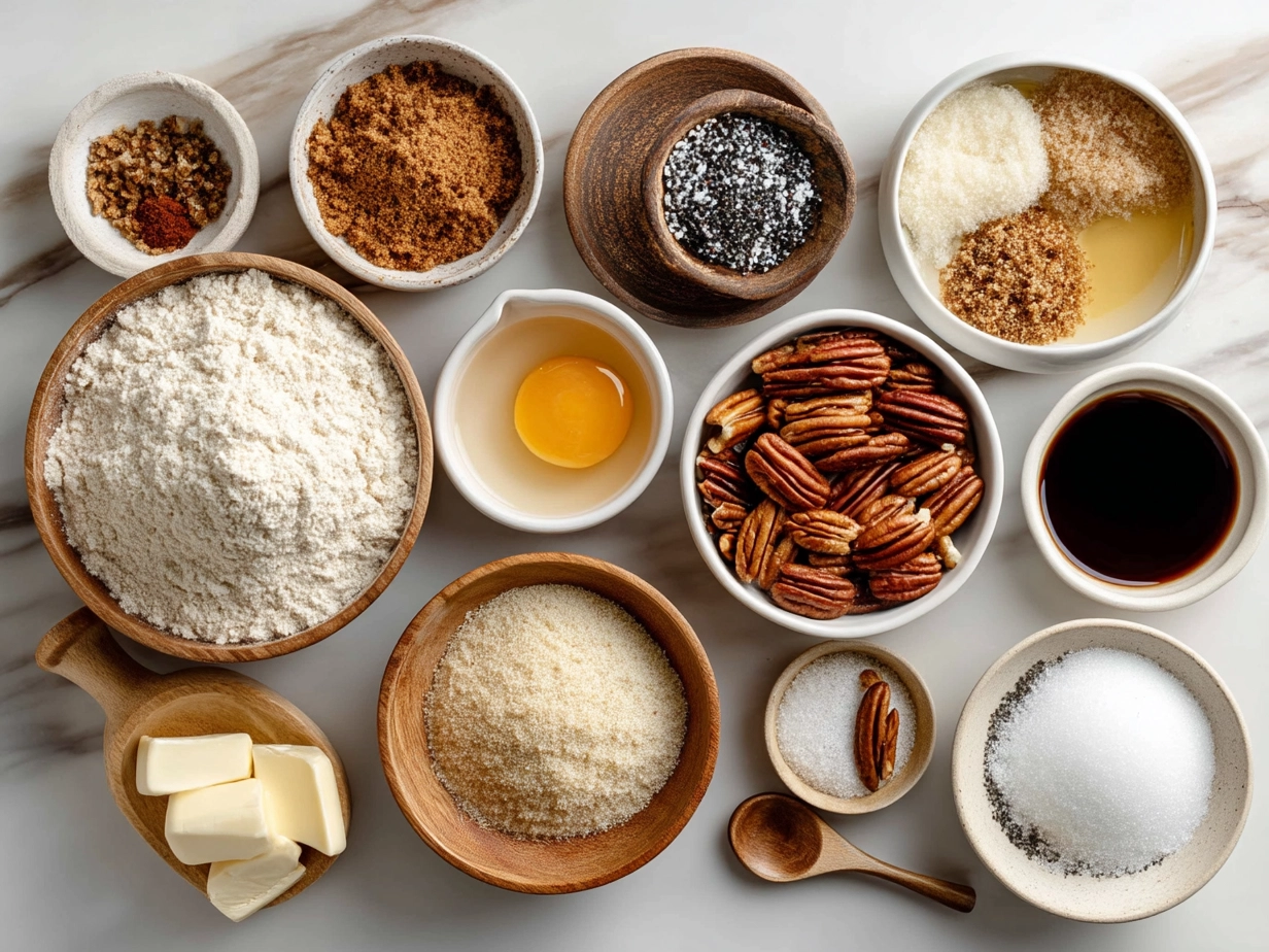 Top down view of raw ingredients for Maple Pecan Sticky Buns including flour, pecans, eggs, maple syrup, milk and butter