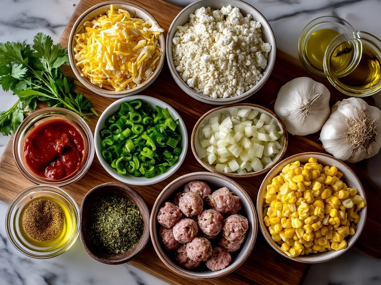 Fresh raw ingredients for Maque Choux With Sausage Corn laid out neatly on a marble countertop including corn, sausage, and vegetables