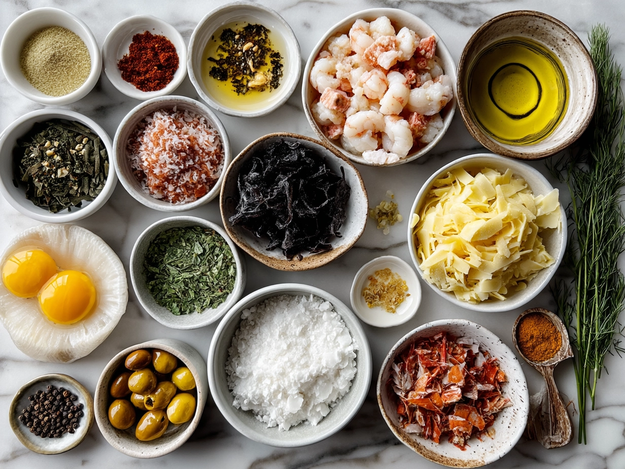 Raw ingredients for Nova Scotia Seafood Chowder laid out on a table