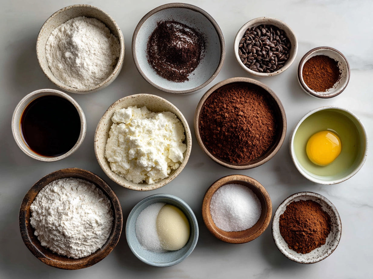 Top down view of raw ingredients for sourdough discard brownies on marble kitchen surface