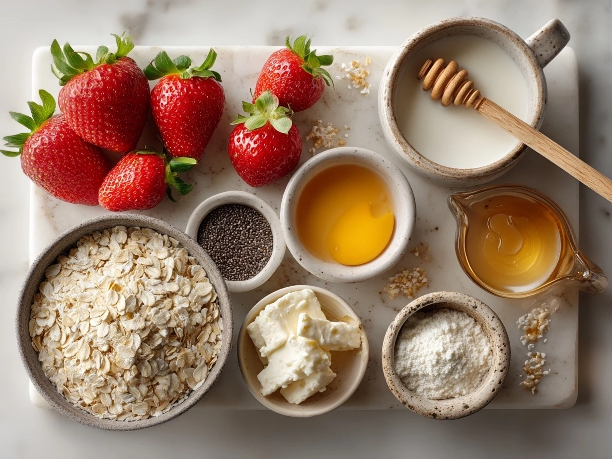 Top down view of raw ingredients for strawberry cheesecake overnight oats including oats, milk, cream cheese, yogurt, strawberries, honey, and chia seeds