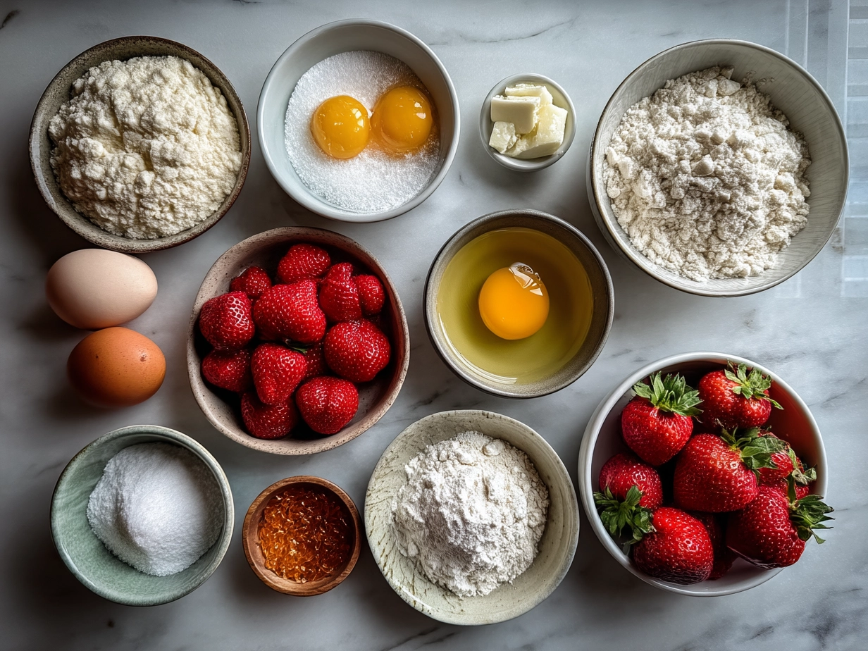 Ingredients for Strawberry Muffins laid out on a marble surface