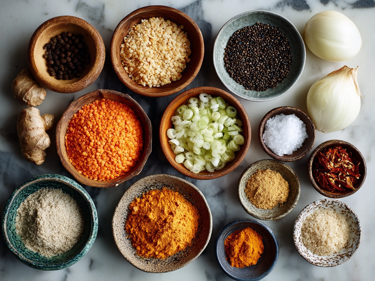 Ingredients for Thai Coconut Red Lentil Soup on a white surface
