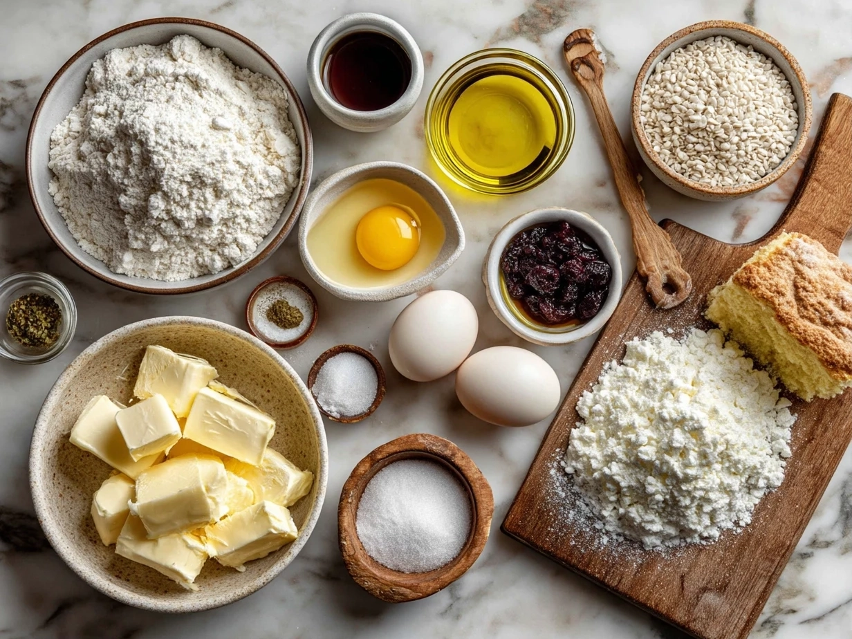 Raw ingredients for Traditional King Cake arranged on marble surface