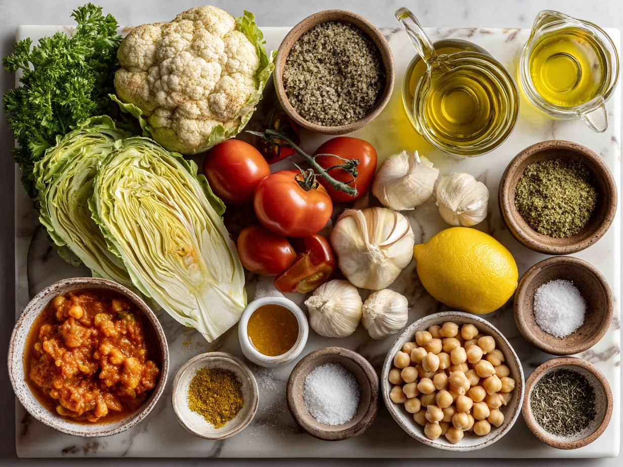 Top down view of raw ingredients for Tuscan Chickpea Soup arranged on marble counter in a modern kitchen mise en place