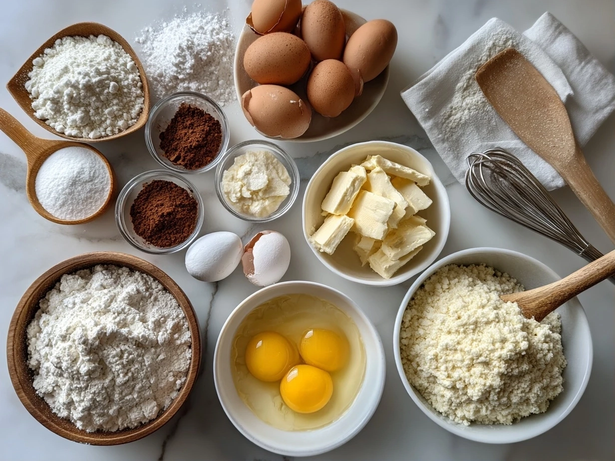 Top-down view of raw ingredients for Valentines Cakes Nice Cream Bowl on marble surface