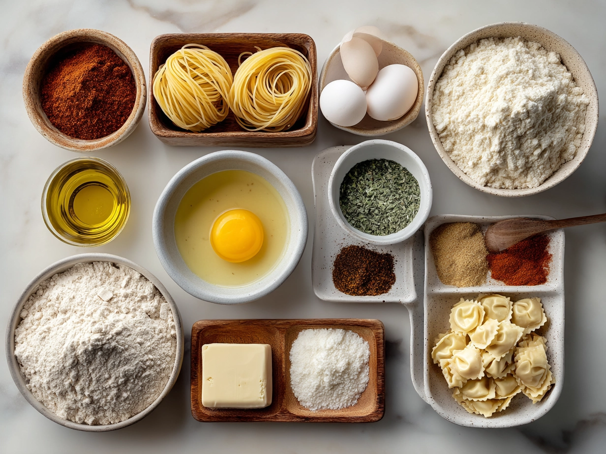 Ingredients for Tortellini Soup laid out on a table