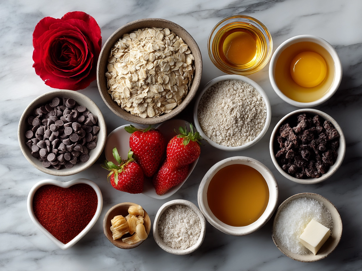 Ingredients for Valentine Cookies Oatmeal Bowl including rolled oats, milk, vanilla, cinnamon and heart-shaped cookies