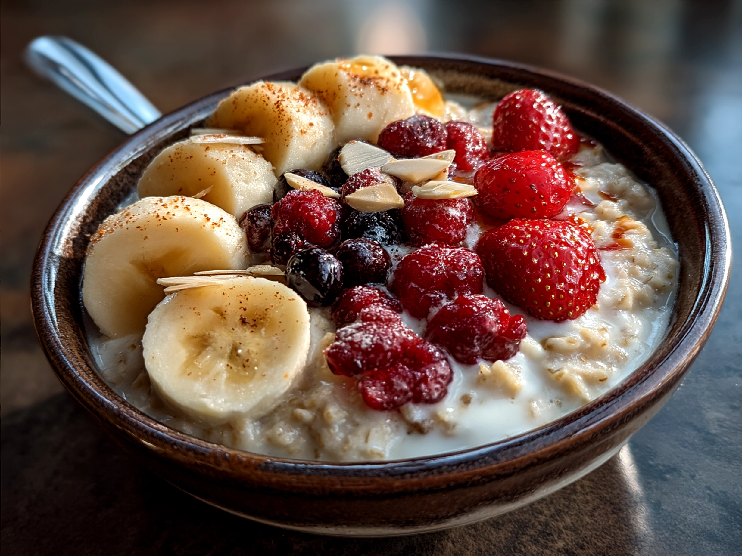 Valentines Oatmeal Bowl served in a white bowl garnished with fresh strawberries and heart-shaped apples