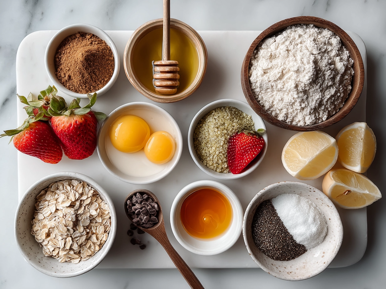 Ingredients for Valentines Oatmeal Bowl laid out including oats, fresh strawberries, raspberries, honey, and milk
