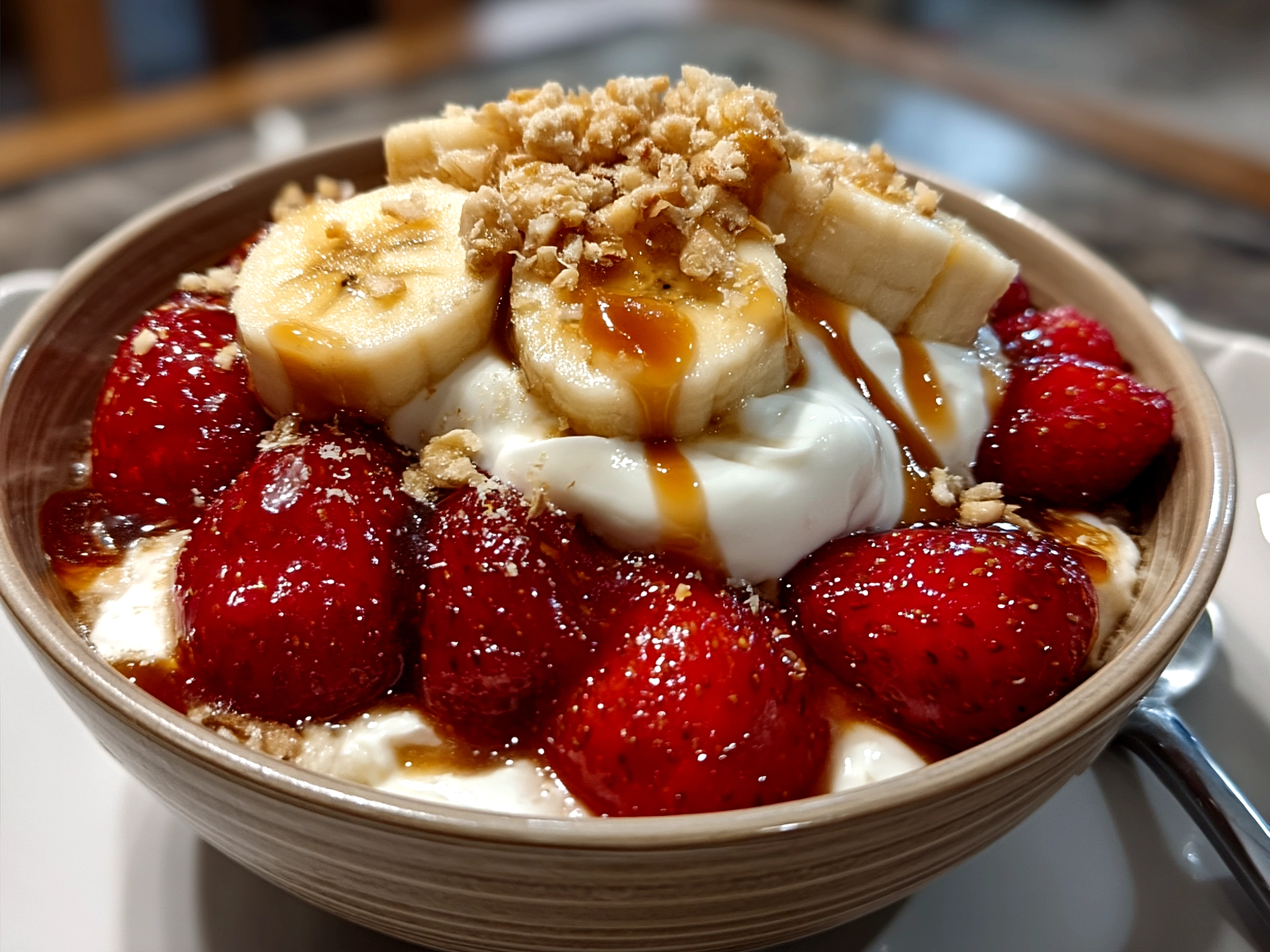 Serving Valentine Treats Greek Yogurt Bowl garnished with fresh berries, mint, and granola in a white bowl