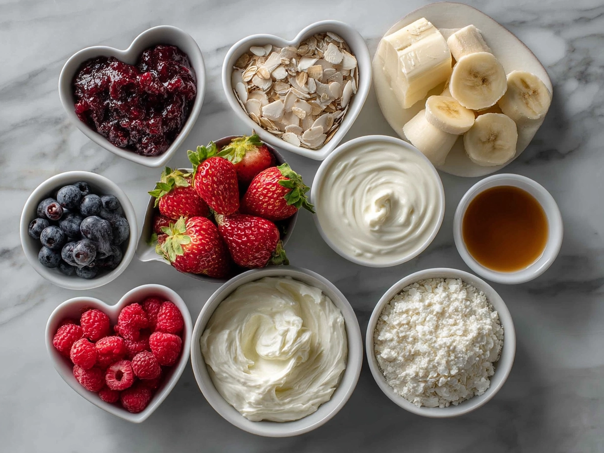 Ingredients for Valentine Treats Greek Yogurt Bowl including fresh berries, yogurt, honey, granola, and mint leaves